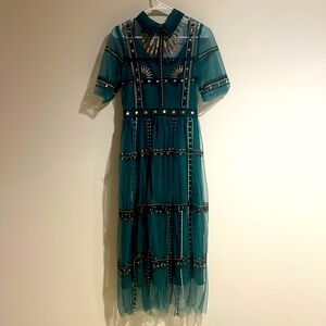 Midi Green dress Medium embroidered tulle sheer fabric